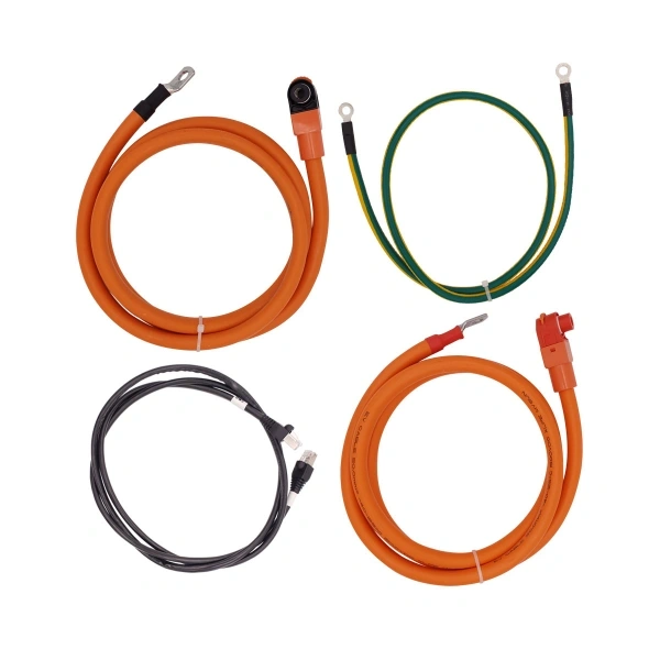 EV High Voltage Battery Harness with Corrugated Conduit, orange protective sleeve, crimped copper lugs and heat shrink protection for EV battery packs and high voltage DC systems.