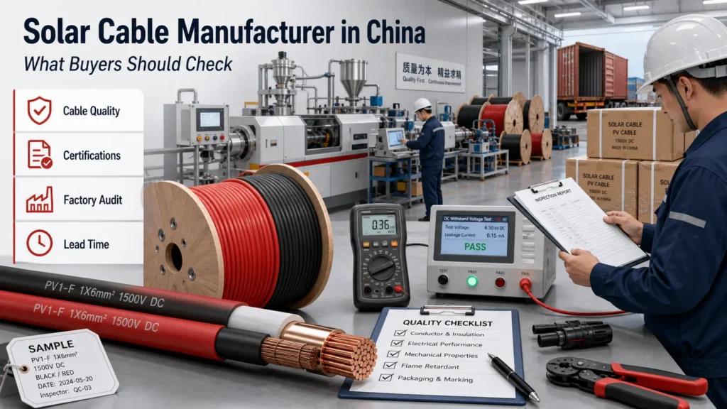 Chinese solar cable manufacturer showing H1Z2Z2-K cable production, testing and quality inspection